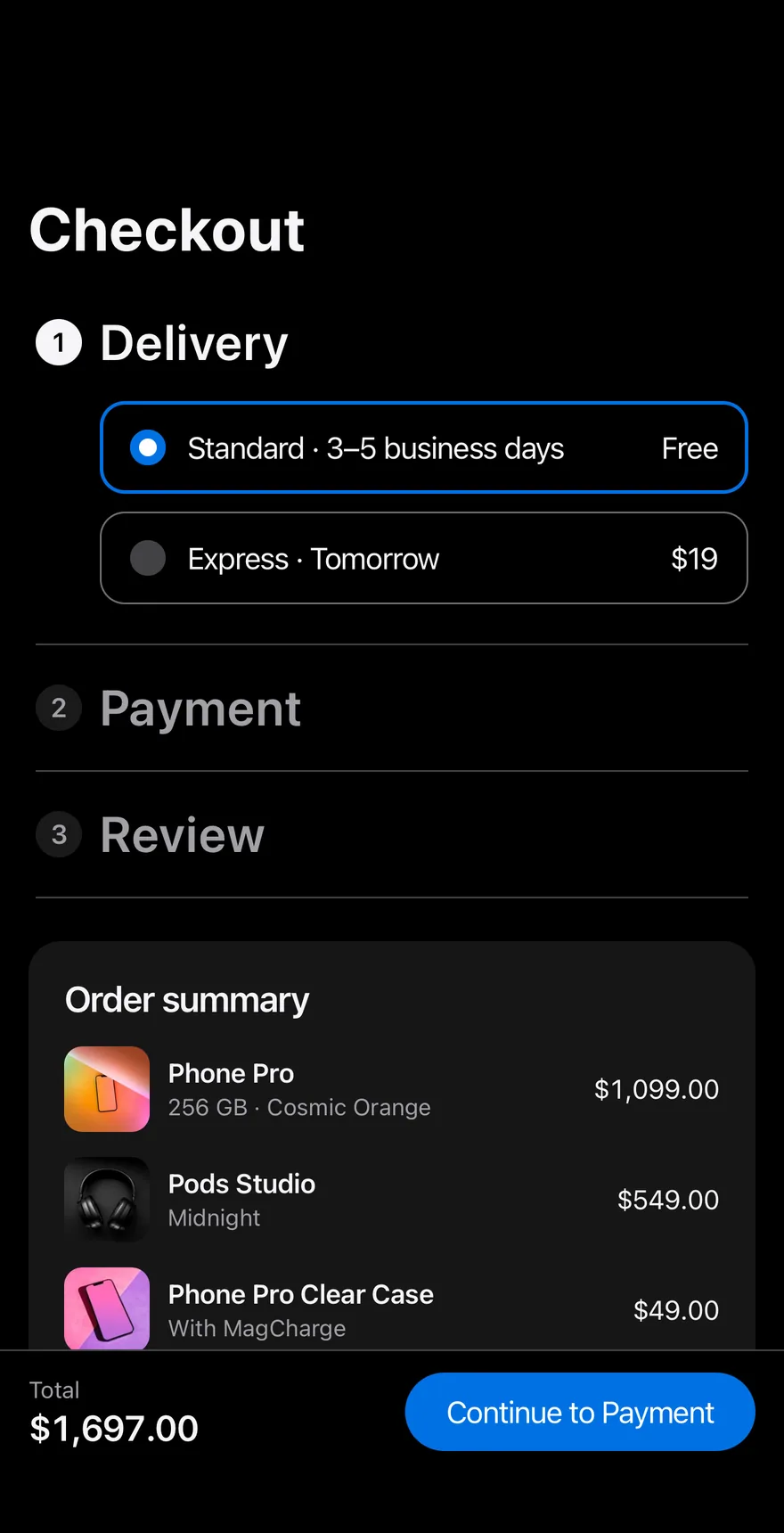 Bag Checkout on iOS in dark mode