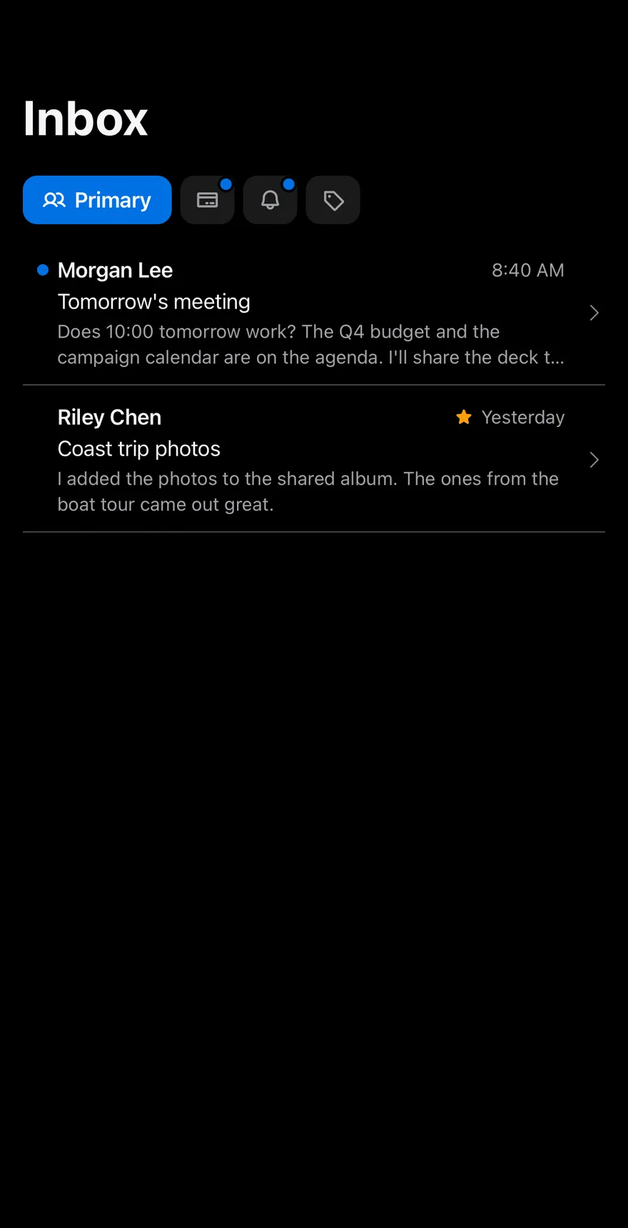 Inbox Categories on iOS in dark mode
