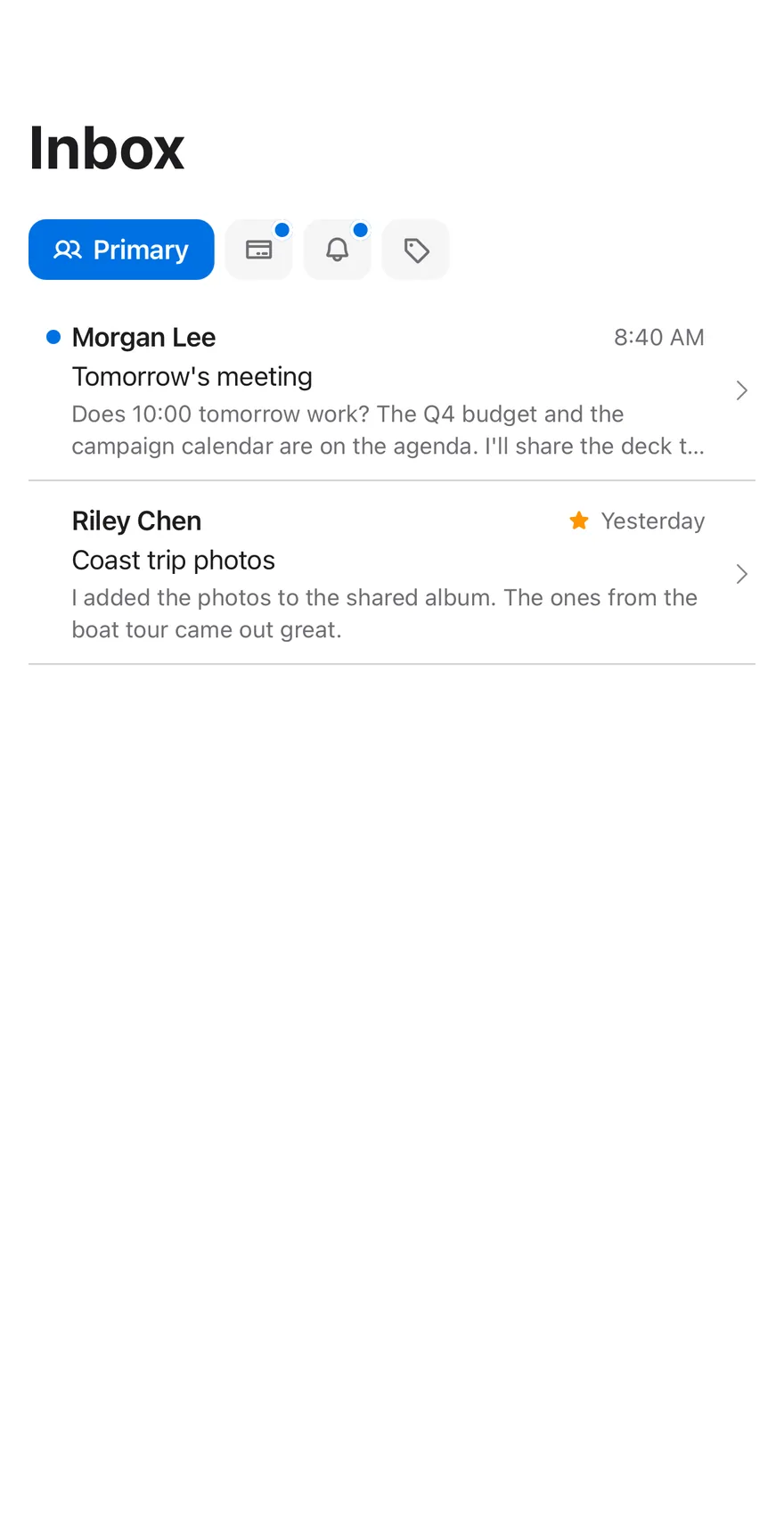 Inbox Categories on iOS in light mode