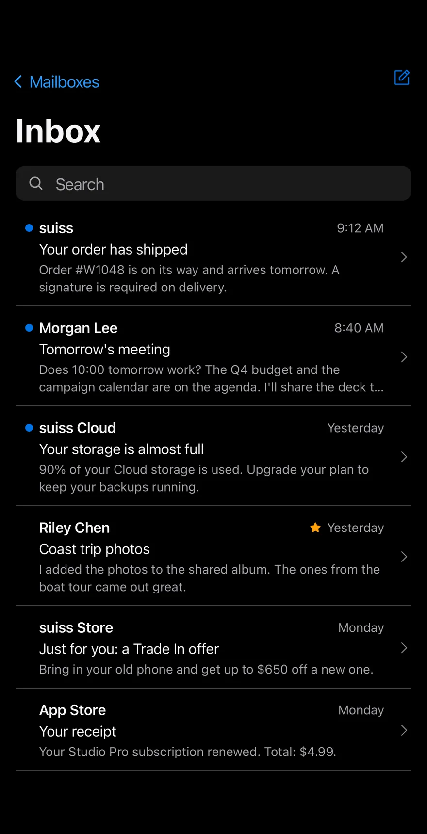 Inbox Mail on iOS in dark mode