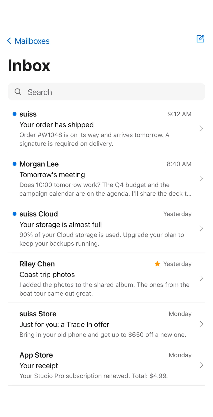 Inbox Mail on iOS in light mode