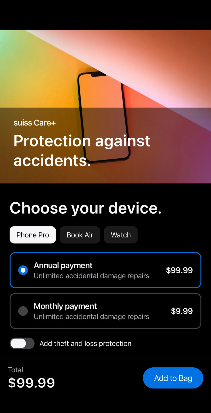 Price Care on iOS in dark mode