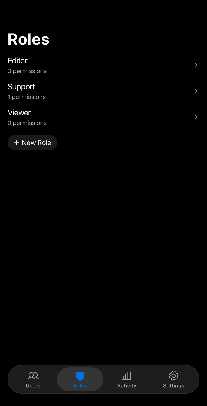 Roles Editor on iOS in dark mode