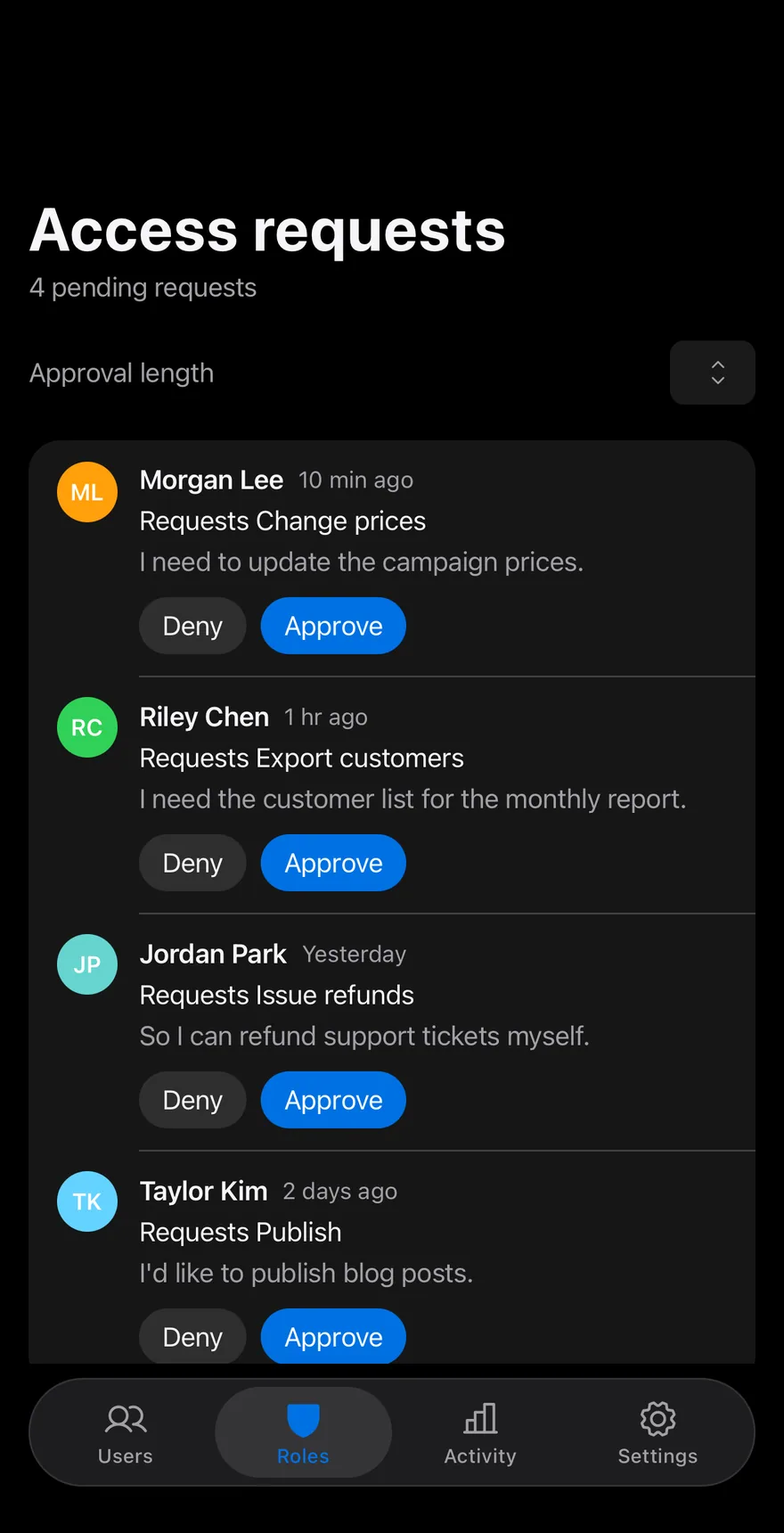 Roles Requests on iOS in dark mode