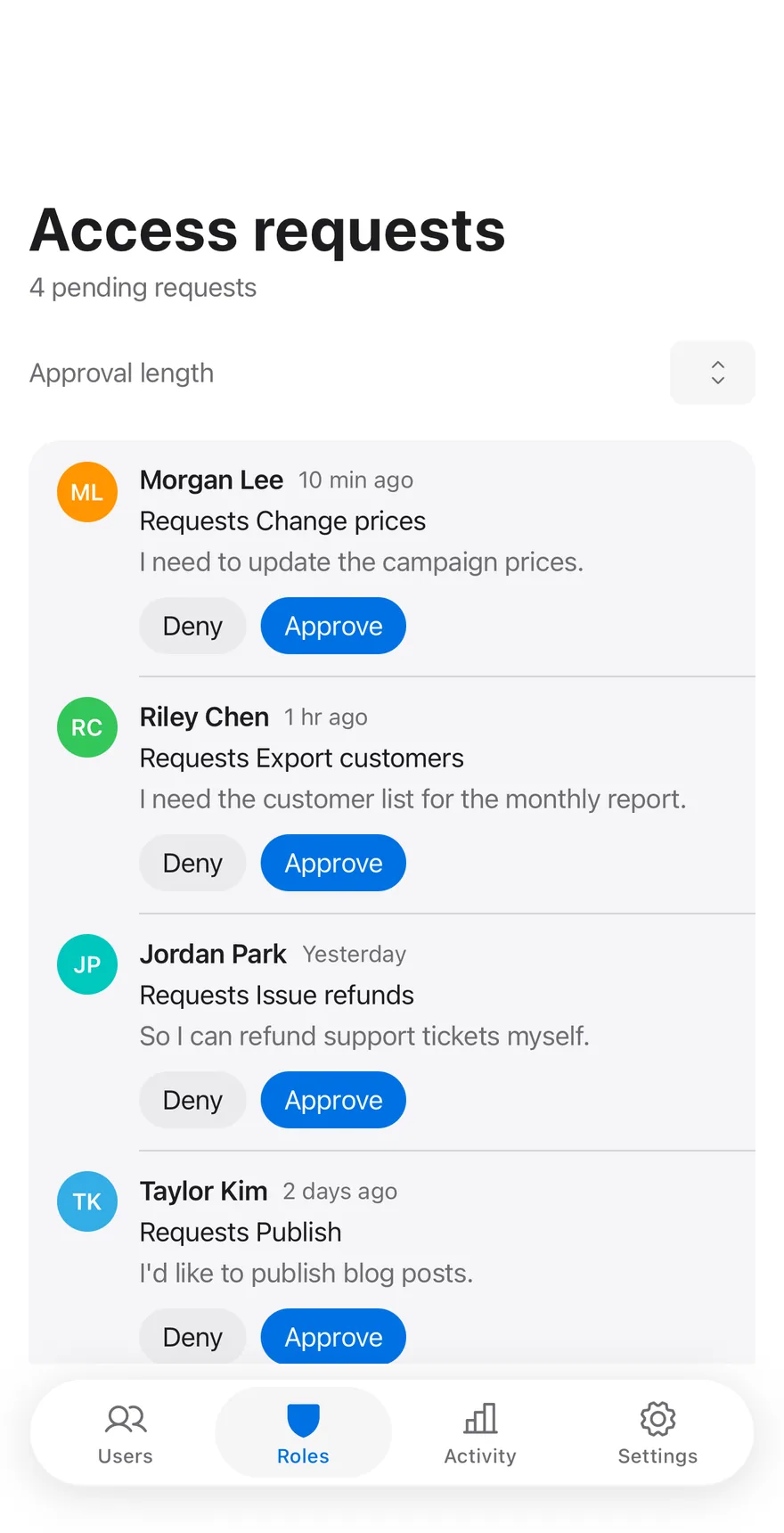 Roles Requests on iOS in light mode