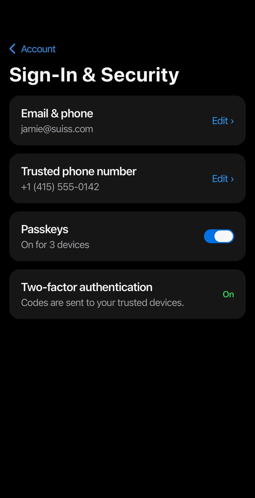 Settings Account on iOS in dark mode