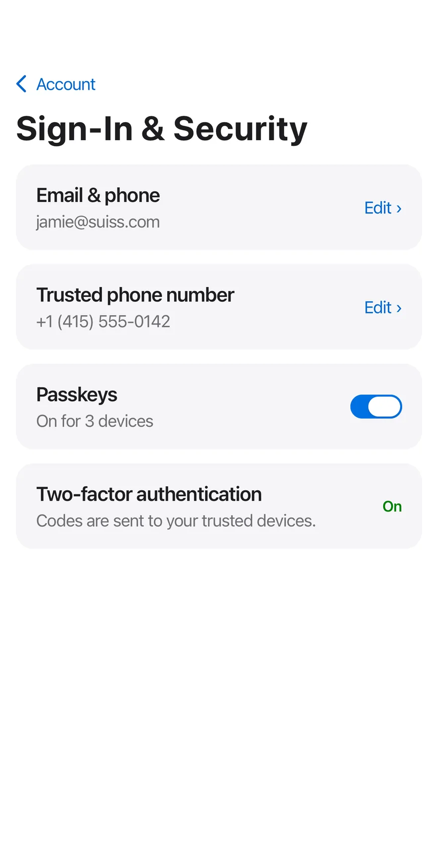 Settings Account on iOS in light mode