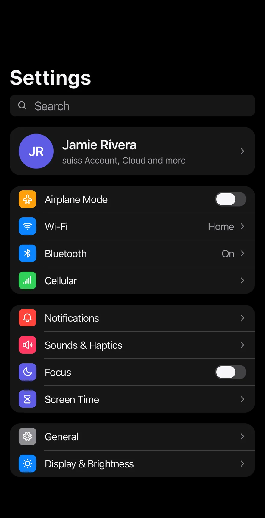 Settings Device on iOS in dark mode