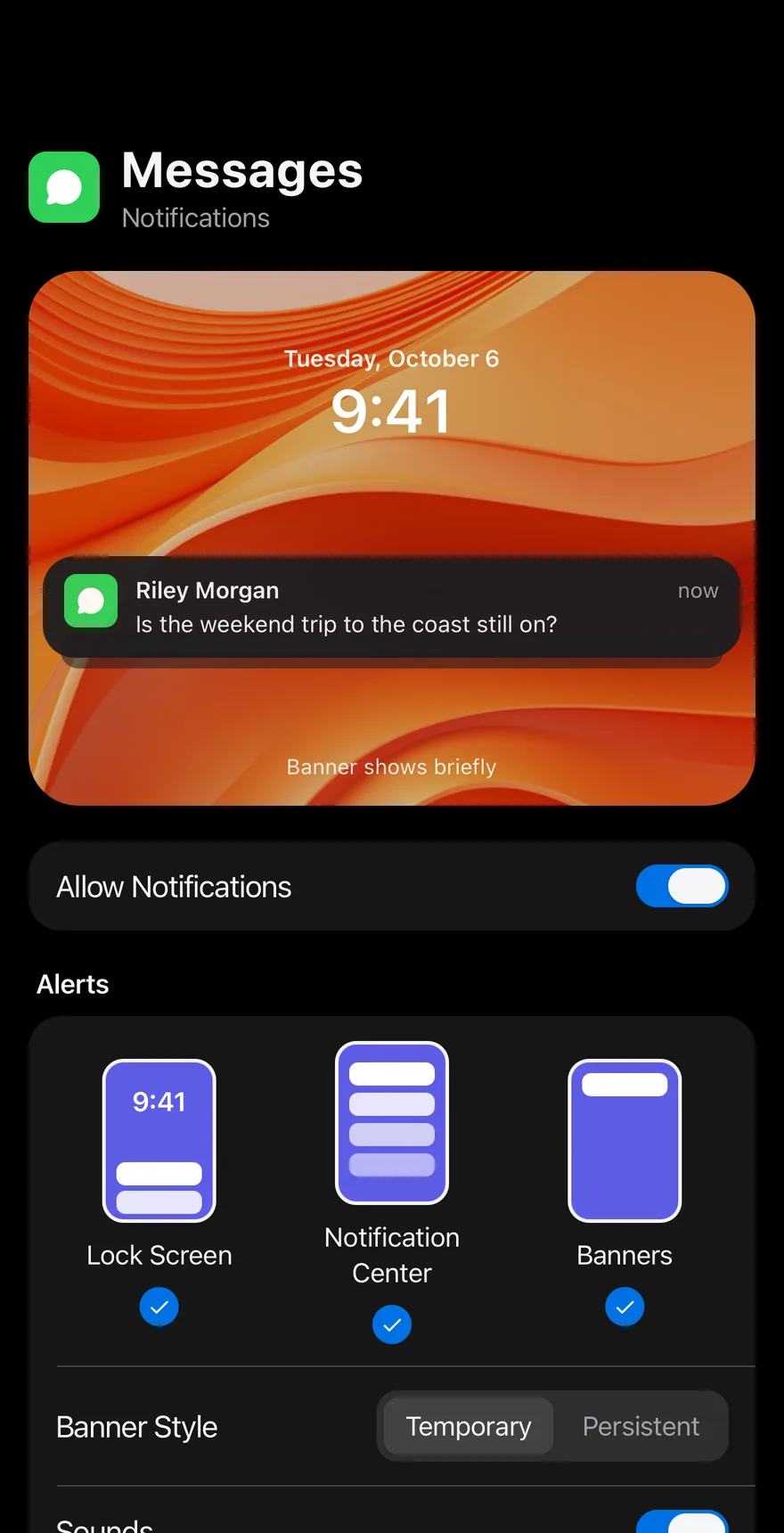 Settings Notifications on iOS in dark mode