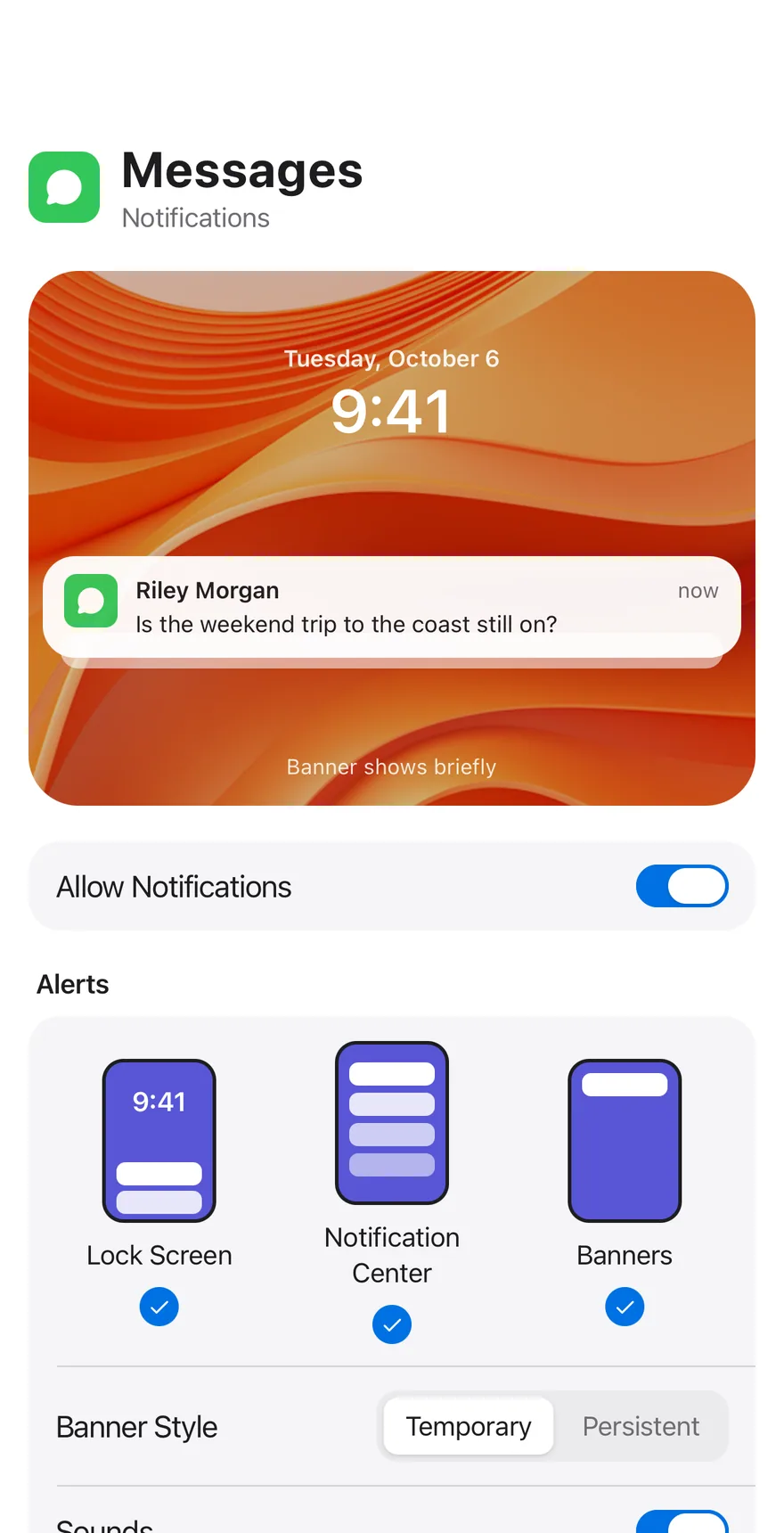 Settings Notifications on iOS in light mode