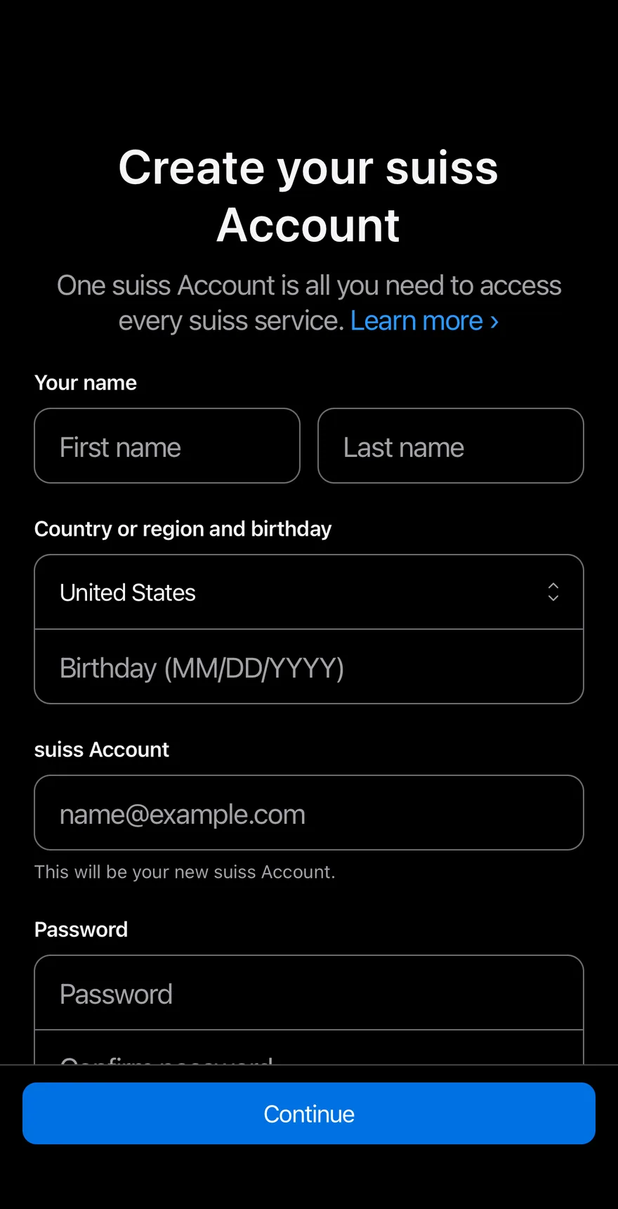 Signup Form on iOS in dark mode