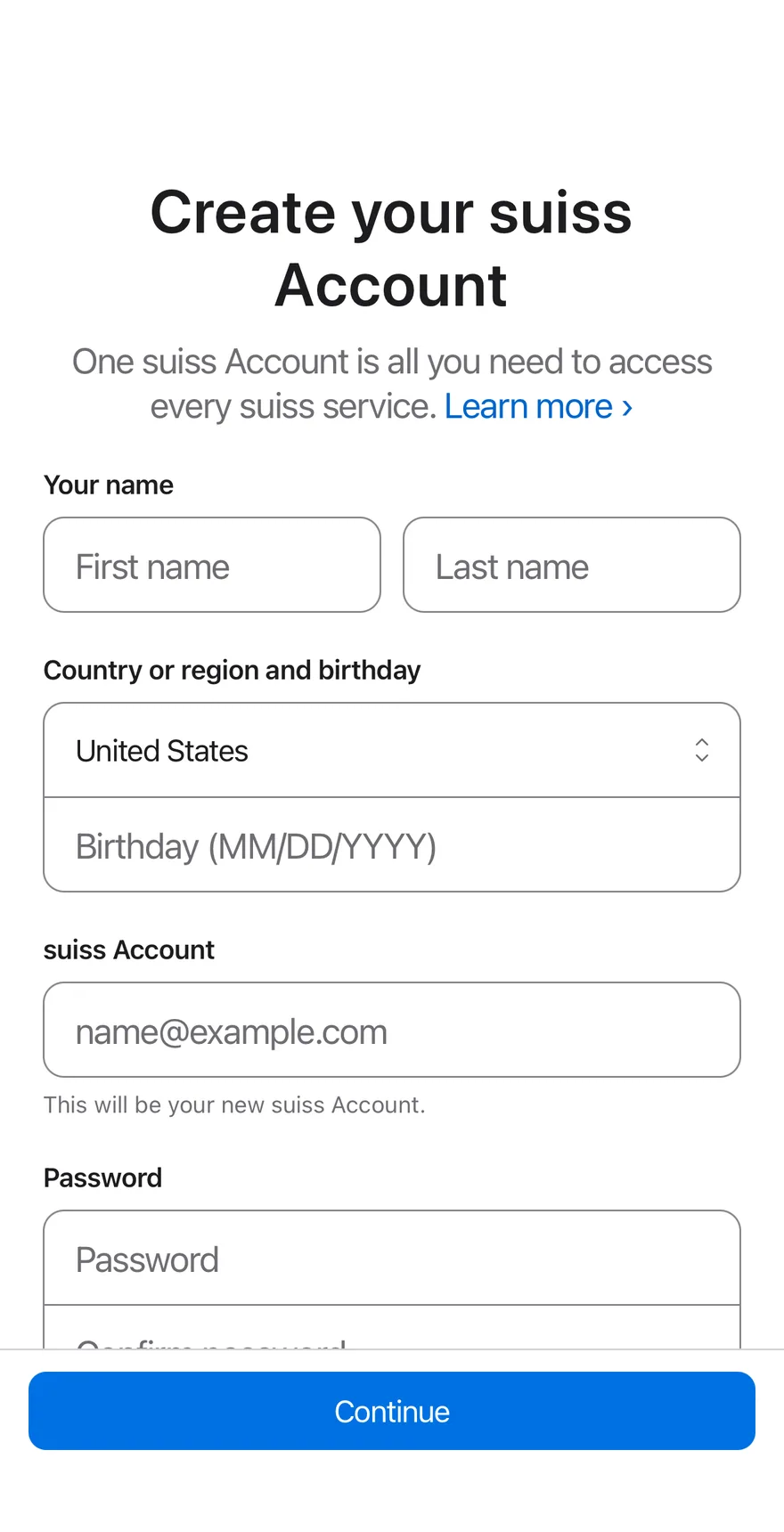 Signup Form on iOS in light mode