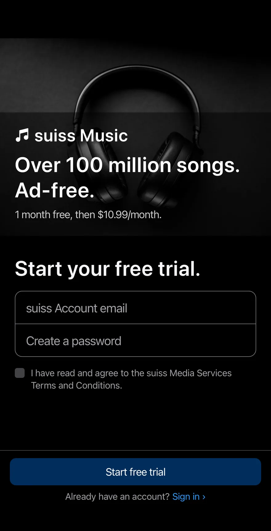 Signup Trial on iOS in dark mode