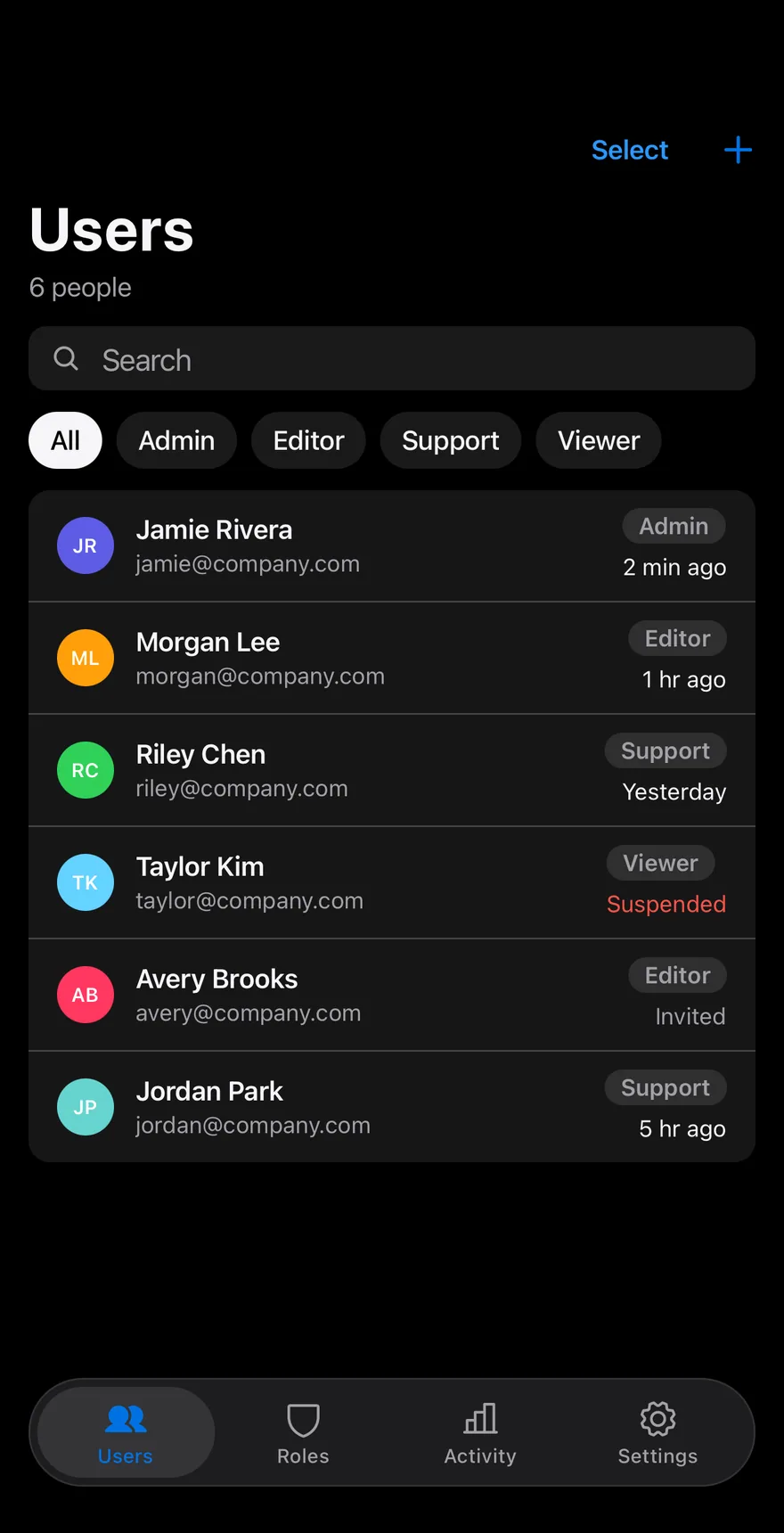 Users Table on iOS in dark mode