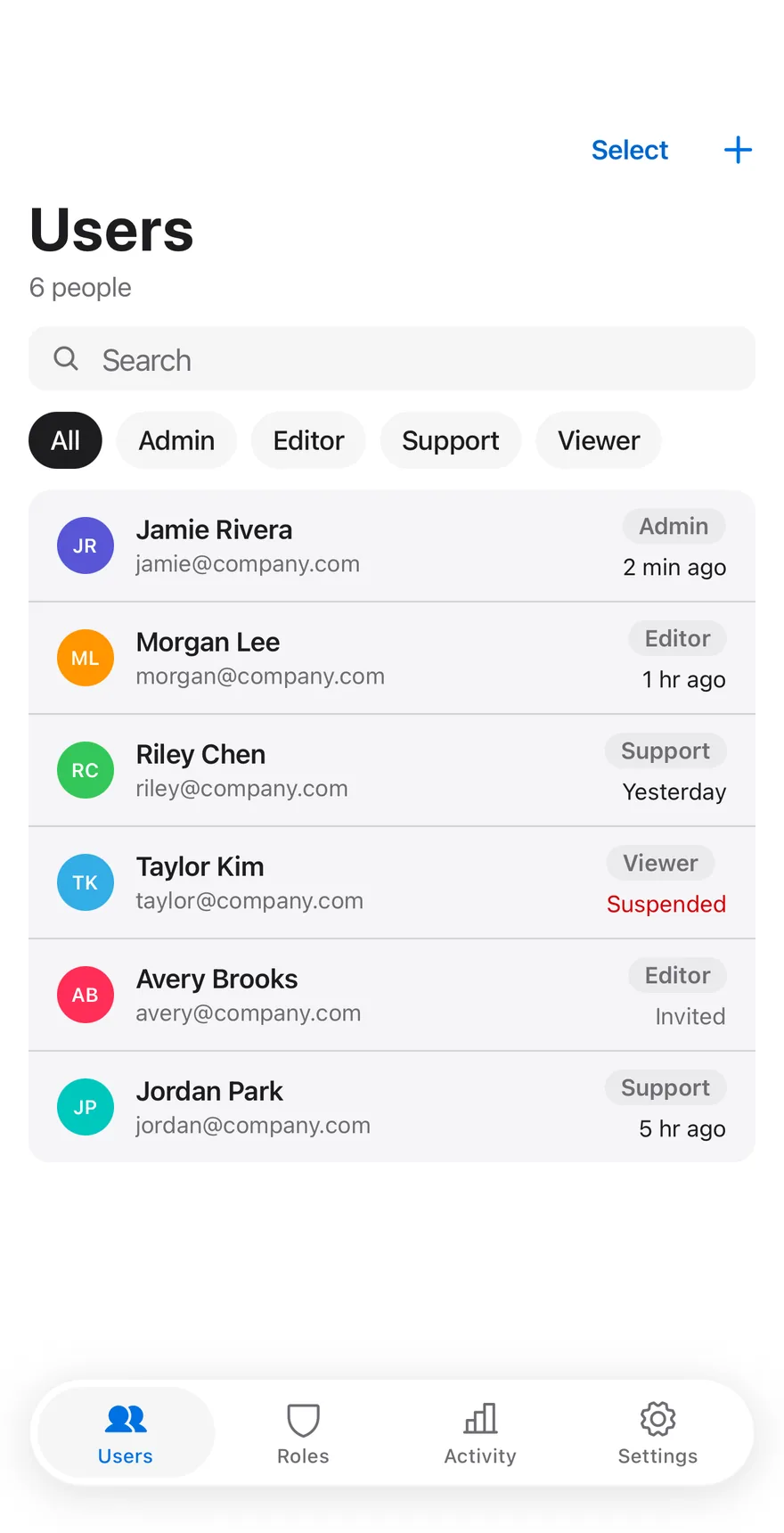 Users Table on iOS in light mode