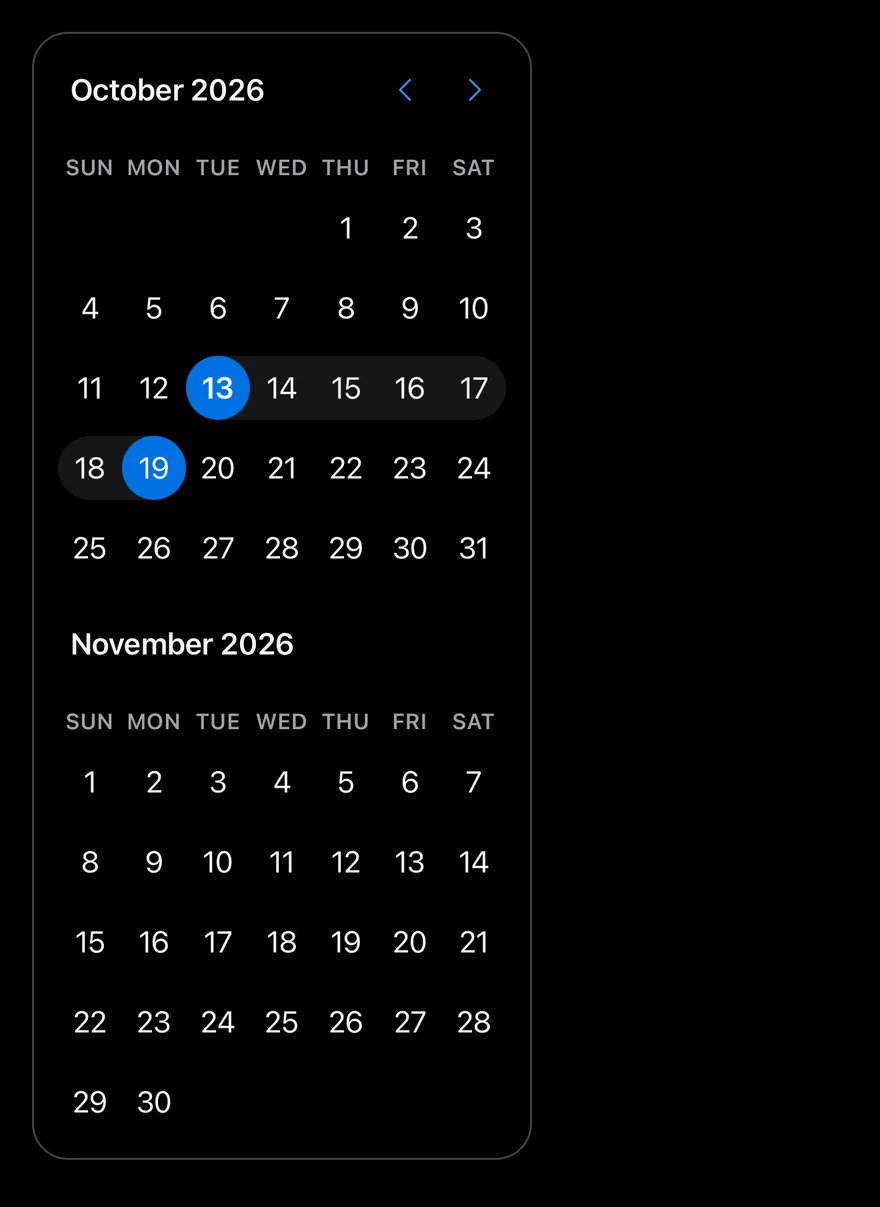 Calendar (range) on iOS in dark mode
