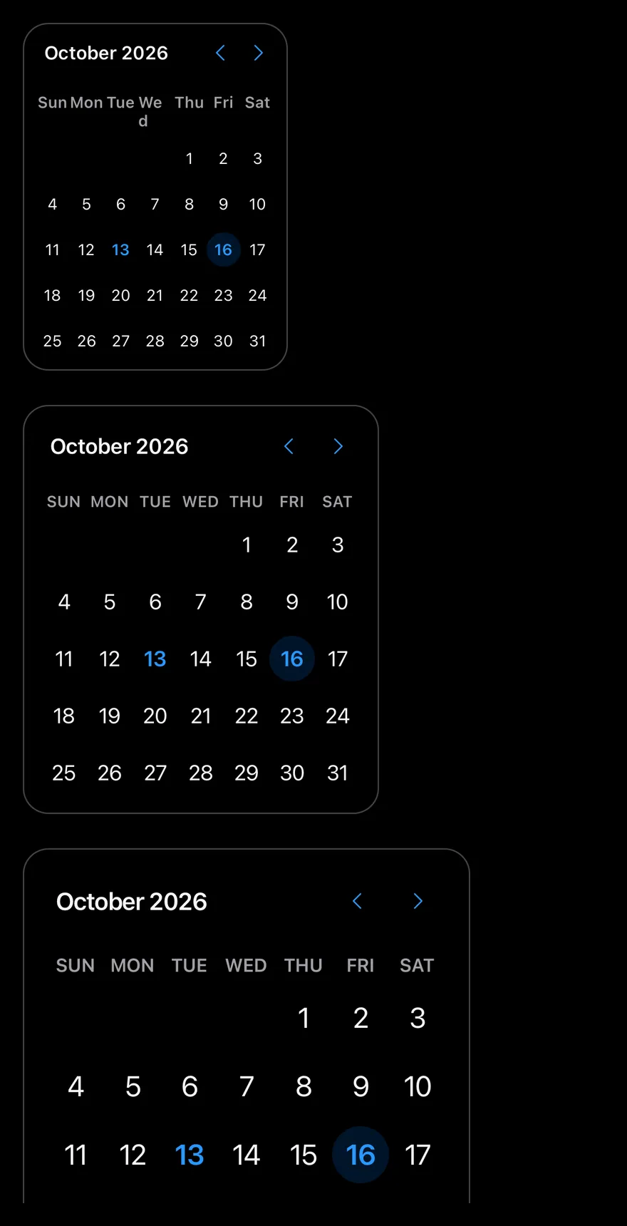 Calendar (sizes) on iOS in dark mode