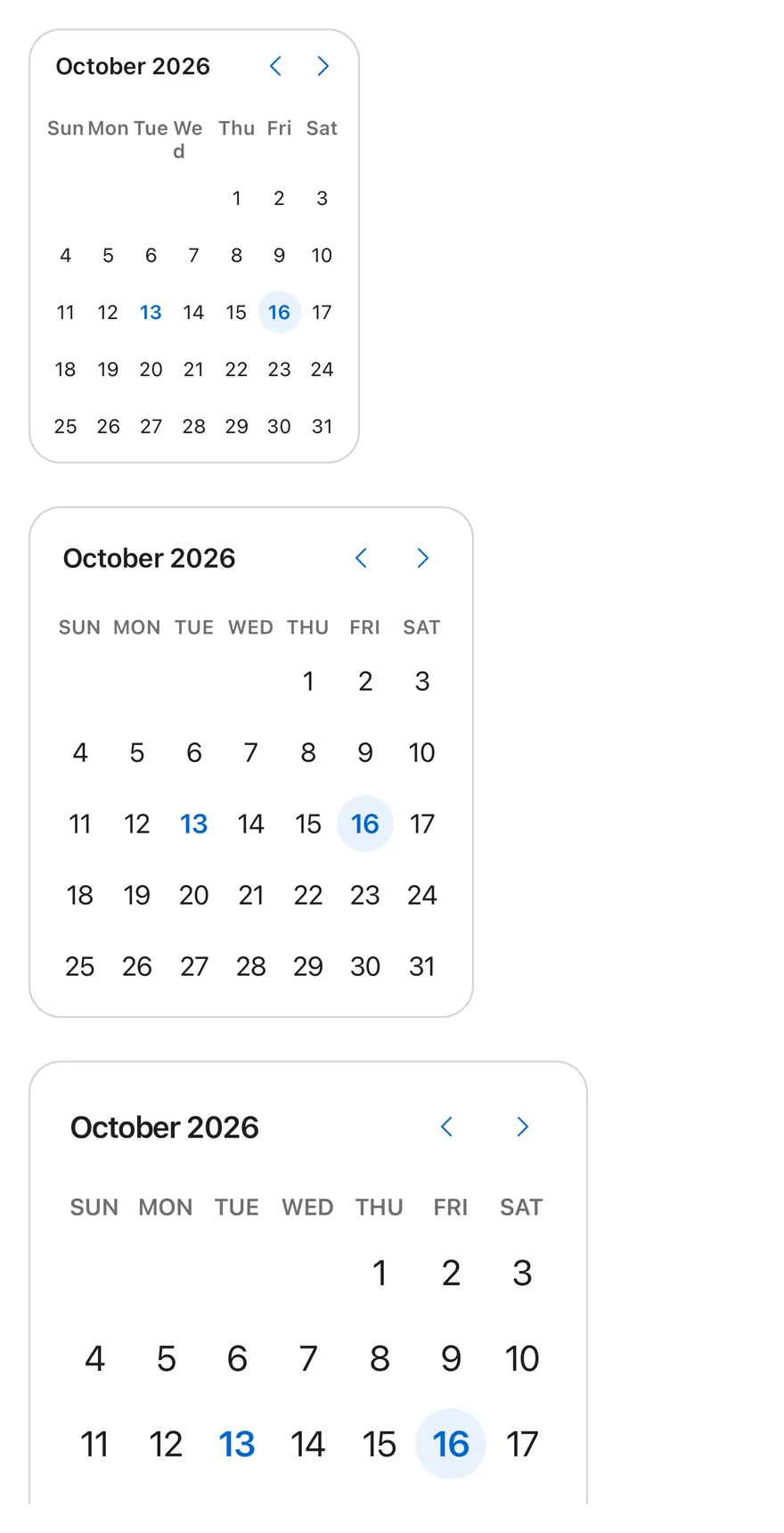 Calendar (sizes) on iOS in light mode