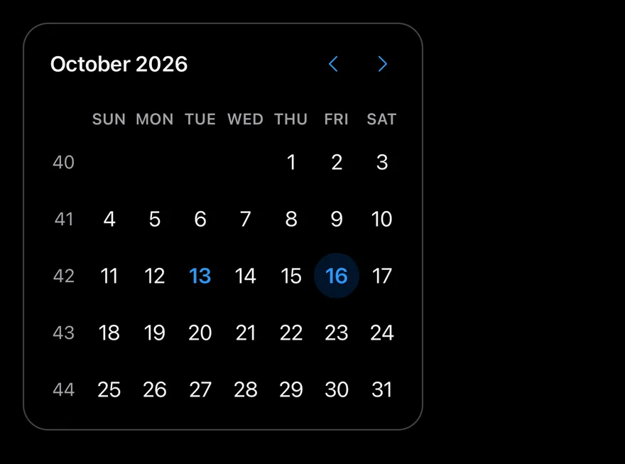 Calendar (week numbers) on iOS in dark mode