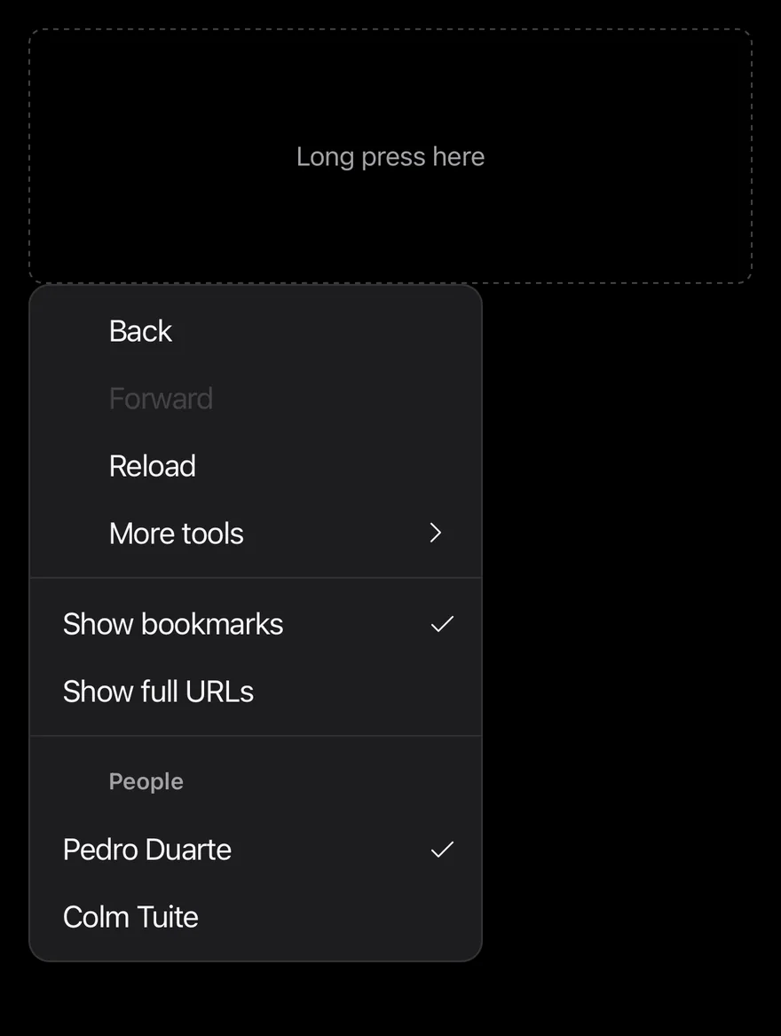 Context Menu (open by default) on iOS in dark mode