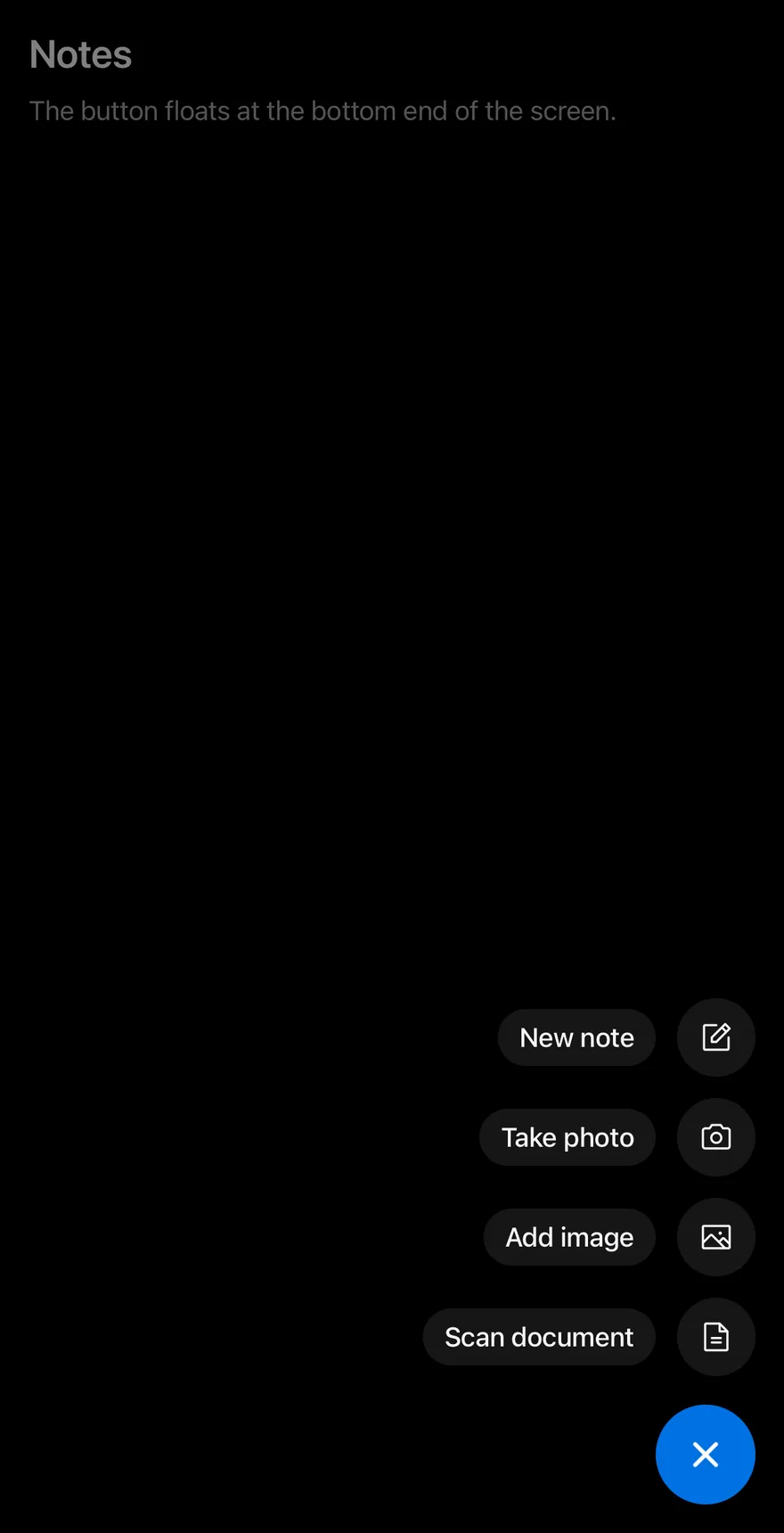Fab (speed dial open) on iOS in dark mode