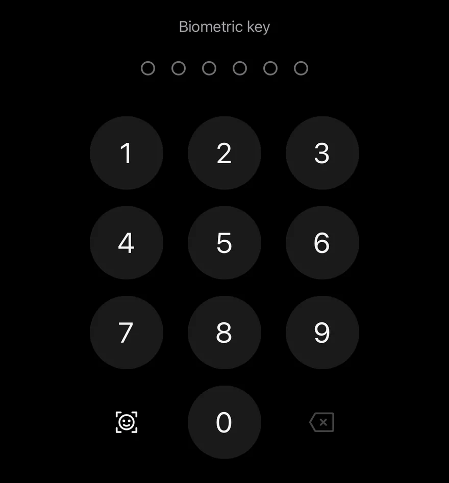 Pin Pad (face biometric) on iOS in dark mode