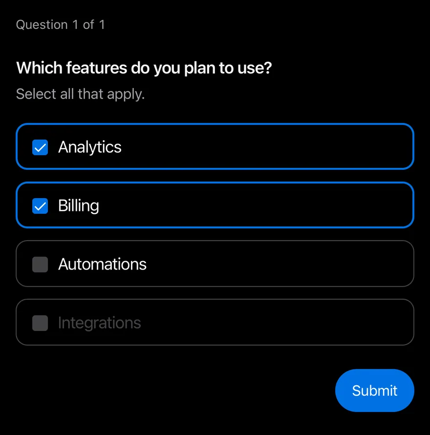 Questionnaire (multiple choice) on iOS in dark mode