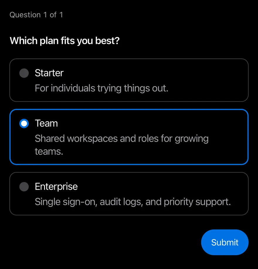 Questionnaire (with choice descriptions) on iOS in dark mode