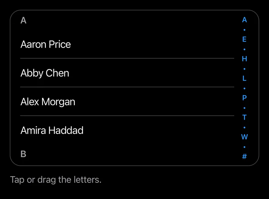 Section Index (compact) on iOS in dark mode