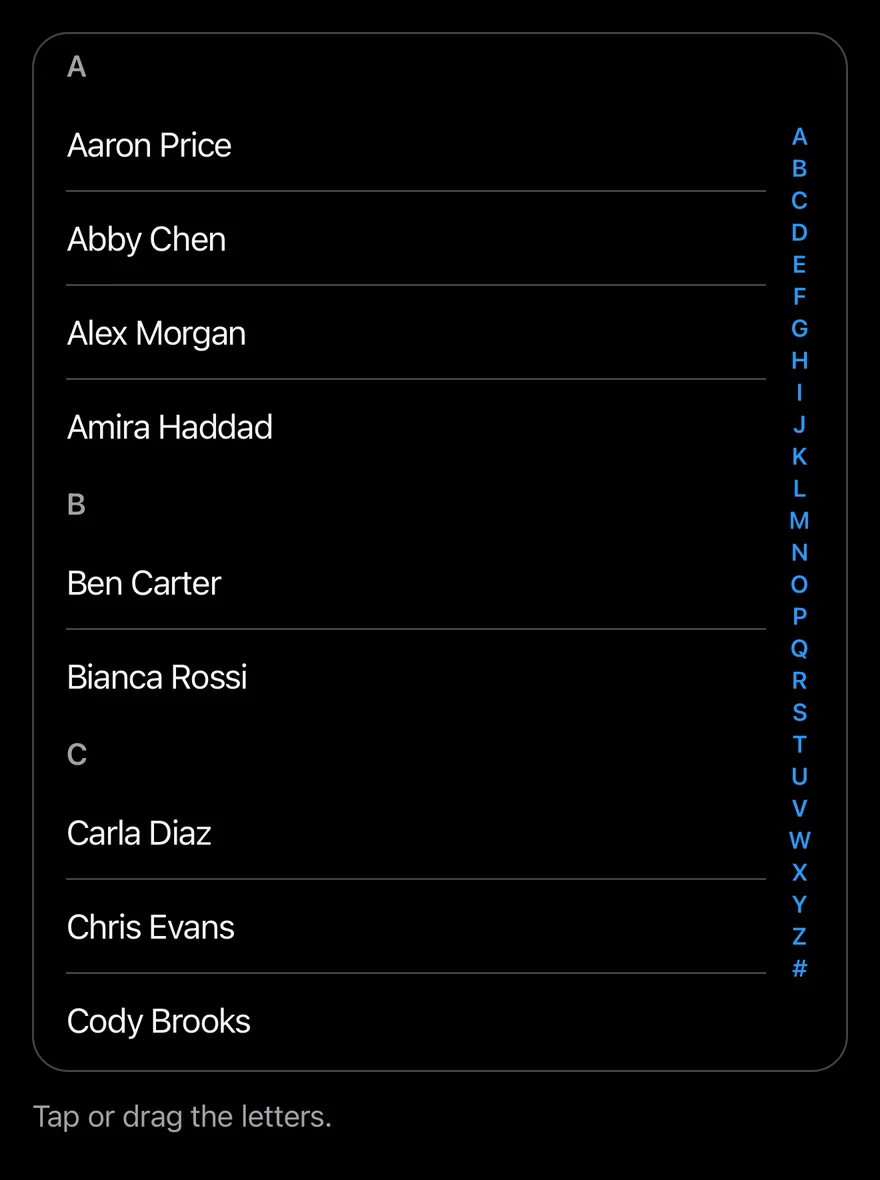 Section Index on iOS in dark mode