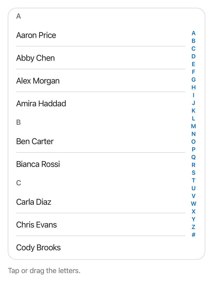 Section Index on iOS in light mode