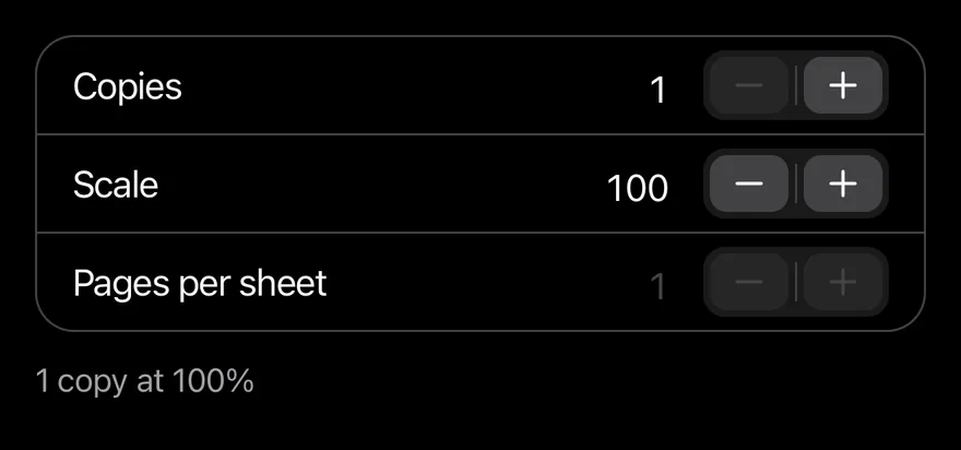 Stepper (print) on iOS in dark mode