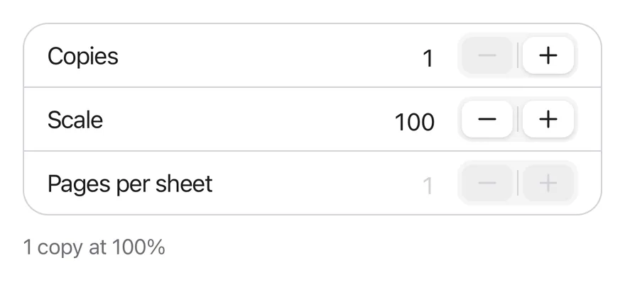 Stepper (print) on iOS in light mode