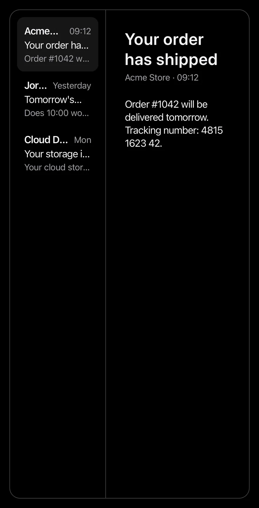 Split View (wide two columns) on iOS in dark mode